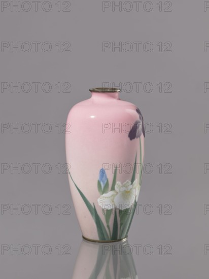Vase, Taisho period ca. 1912–1926, Nagoya, Japan; cloisonné enamel; decorated with flowers—irises; vessel, height 15 cm, diameter 7.9 cm., A smooth, narrow-necked ceramic vase with a glossy pink surface decorated with painted floral motifs in green, white, blue, and dark purple, sitting on a reflective surface that mirrors its colors, set against a plain gray background.