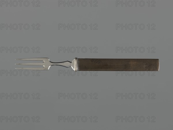 Fork with knife handle kozuka, Japanese, Edo period 1603–1868, 18th century. Metal kozuka decorated in relief with a chrysanthemum flower and two leaves on a textured background. Function: cutlery/knife handle for katana. Materials: plastic decoration noted. Dimensions: height 16.6 cm, width 1.4 cm, depth 0.8 cm., A single fork with a metallic three-pronged head and a straight metal neck connected to a dark wooden handle; the fork head and neck are silver-gray with reflective highlights and slight tarnish, and the handle is dark brown with visible wood grain and worn areas; the background is a uniform medium gray.