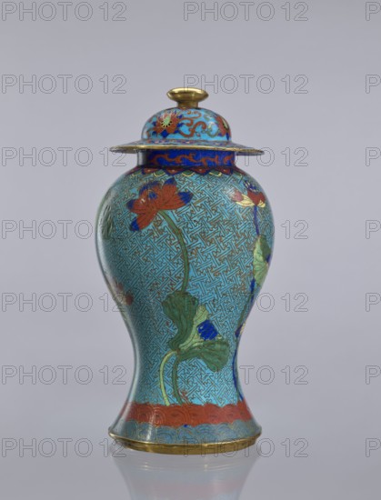 Vase with cover, cloisonné enamel baluster vase decorated with lotuses, Qing dynasty 1644–1911, 18th century, China; height 37 cm., A lidded vase with a rounded body tapering to a flared foot, shown against a pale gray background; the surface is predominantly turquoise with an intricate geometric pattern in darker turquoise, decorated with floral motifs in red, green, blue, and gold; the lid has a domed shape with a flat overhanging rim and a small gold finial, featuring blue and red enamel accents and gold details; the body shows stylized flowers and leaves in green and red with blue highlights, and a decorative red and gold band near the base; the base rim and lid edge have gold trim, and the vase sits on a reflective surface that mirrors its colors.