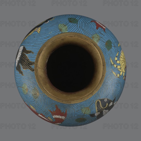 Vase, cloisonné enamel, Qing dynasty 1644–1911, 19th century, China. Vessel on a foot with a neck; height 23.5 cm, diameter 9.3 cm. Decoration: fish and crabs on a turquoise background, archaizing inscription on the neck., A round vessel viewed from above with a dark central opening and a metallic rim, the body decorated with a bright blue background and swirling line patterns, painted with a few stylized fish and aquatic plants in colors including black, white, red, yellow, green, and gold.