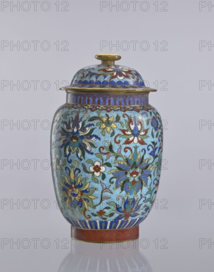 Vase with lid; maker, Chinese; Qing 1644–1911; cloisonné enamel decorative vessel with floral ornaments, flowers, plant and lotus tendrils; 18th–19th century, China; height 23 cm, diameter 14 cm., A lidded jar with a rounded body and a small knob on top, decorated all over with floral patterns in shades of blue, turquoise, green, red, gold, white, and purple, with a metallic gold rim and knob, a band of blue and gold near the shoulder, a red and gold base band, and a pale neutral background.