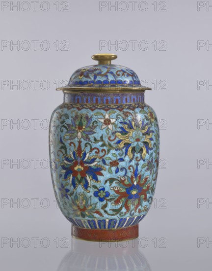 Vase with lid, Chinese, Qing dynasty 1644–1911, cloisonné enamel decorative vessel with floral ornaments and lotus tendril motifs, 18th–19th century, China; height 23 cm, diameter 14 cm., An ornate lidded jar with a rounded body and a domed lid sits against a plain light gray background; the jar is predominantly light blue with decorative floral motifs in colors including blue, red, green, white, gold, and turquoise, and the lid and rim show metallic gold accents, while the base has a band in red with gold detailing and a reflected shadow appears beneath the jar.