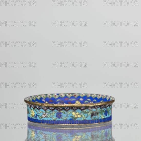 Bowl, from Ignacy Jan Paderewski 1860–1941. Chinese, Qing dynasty 1644–1911. Cloisonné enamel decorative vessel, 19th century. Decoration: inside bottom decorated with flowers on a light lilac background; collar decorated with flowers on a sapphire background; outside the collar decorated with flowers on a turquoise background; bottom covered with lilac enamel. Height 2.3 cm; diameter 9.5 cm., A shallow decorative bowl with a brass rim sits centered against a light gray background, the exterior surface showing an intricate enamel pattern in shades of blue, turquoise, green, yellow, and hints of red and black, with floral and vine motifs encircling the piece and a reflective surface beneath creating a mirror image.