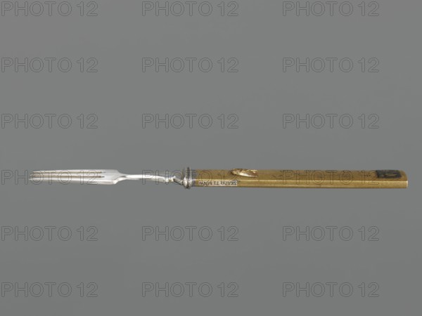 Fork with knife handle kozuka, Krüger, HB dr — Japanese art, Edo period 1603–1868, 18th century; materials/subject: kozuka small knife handle decorated with flies; function: cutlery/mezzo melee weapon accessory for sword katana; dimensions: height 16.9 cm, width 1.7 cm., A slender two-pronged metal fork with a silver-toned head and a narrow neck attached to a long rectangular handle; the handle is mostly brass-colored with a small darker patch at one end and a few slightly raised decorative elements along its length, set against a uniform gray background.