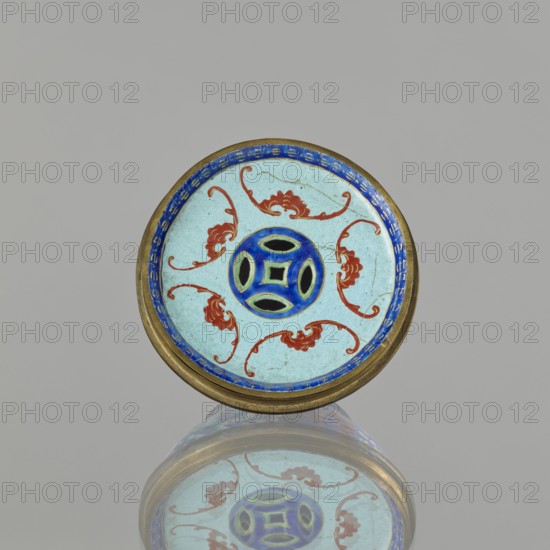 Incense burner — bowl with a lid; maker, ; Chinese; Qing dynasty 1644–1911; 18th/19th century; painted enamel on metal; decoration on a navy blue background with flower tendril peony, bats, flowers, coins, and the character shuangxi double happiness, usually used in China in the context of marriage; ceremonial vessel/censer; height 6.4 cm; diameter 9.7 cm; weight 0.17 kg., A round object with a metallic rim and a pale blue circular face decorated with a central blue medallion that has darker and lighter blue areas and greenish accents, surrounded by red scrolling floral motifs and a narrow blue inner border, all reflected on a glossy surface beneath; visible colors include pale blue, various shades of blue, red, greenish accents, metallic gold or brass, and gray in the background.