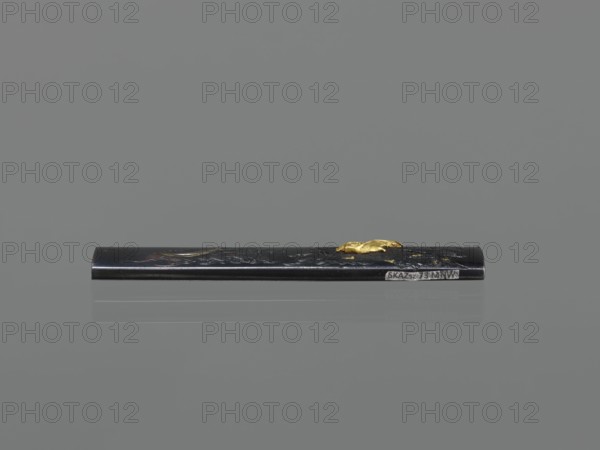 Knife handle kozuka, Japanese, Edo period 1603–1868, 19th century; materials for a sword kozuka; decorated with bats and pines; weapon melee weapon, katana accessory; height 9.7 cm, width 1.5 cm., A long slender object resting horizontally on a reflective surface with a smooth gray background, the object appears dark, almost black, with a subtle glossy finish and a few lighter worn areas. There is a small raised decorative element on top in a bright gold color and a faint suggestion of engraved or embossed patterns along the dark surface. The reflection below mirrors the dark and gold tones against the overall gray setting.