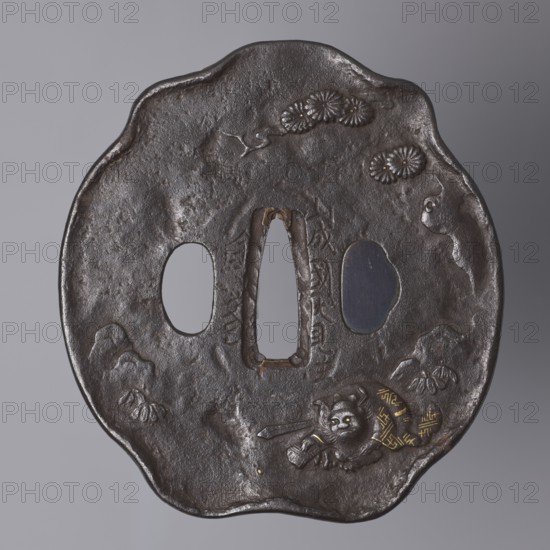 Crossguard tsuba, Kaneie role classification of creator, school craftsman author; Japanese art; Japanese culture; Edo 1603-1868; weapons; melee weapons; swords; katana; sword crossguards; demons; Shôki mythology; pine trees; rocks. Tsuba in the shape of a kobushi gata, with a slightly convex edge; kôgai hitsu closed with shakudô. Decorated on both sides in low and high relief with details inlaid with gold and shakudô. On the obverse, Shoki, the demon slayer, crouched under a tree; on the reverse, a sketched landscape motif. 18th century Edo period, 1603-1868; Japan, Yamashiro province, Fushimi. Tsuba. Height 8.9 cm; width 9.6 cm; depth 0.65 cm., A dark brown irregularly shaped metal object with a rough textured surface and a few small raised decorative elements, including floral-like motifs near the top and a small sculpted animal figure near the lower edge with accents in gold and lighter brown; the object has three openings in the center with uneven edges, one elongated and two round...
