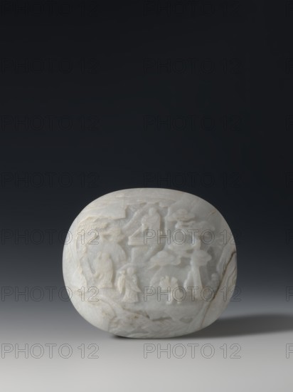 Convex plaque, Chinese, Taoism, Immortals iconography, Qing dynasty 1644–1911, white bluish jade, bas-relief, 19th century, China, plaque, height 12.0 cm, width 10.5 cm., A smooth, rounded pale stone with a carved relief scene sits against a dark gradient background; the stone shows shades of white, off-white, and light gray with subtle veins of tan and brown, and the carved details depict a group of figures, stylized trees with rounded canopies, and architectural or platform-like forms, all rendered in low-relief with soft contours and gentle shadows across the stone surface.