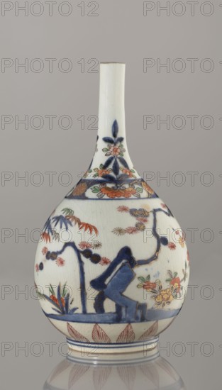 Bottle, porcelain with painted bamboos, pines, plums and sake motifs in Imari palette, Three Friends of Winter imagery, Arita, Japan, ca. 1700–1730, height 22.3 cm, diameter 12.2 cm., A porcelain bottle-shaped vase with a long narrow neck and rounded body, predominantly white with decorative painted motifs in blue, red, orange, green, and gold; the neck shows blue floral patterns and small green leaves, the shoulder has a band of blue and orange floral ornament, the body features a landscape-like scene with blue rocks or stylized forms, branches and foliage in blue and red, clusters of orange and yellow flowers with green leaves, and scattered red starburst-like blooms, a decorative band of red leaf shapes around the base, and subtle crazing in the glaze visible across the surface.