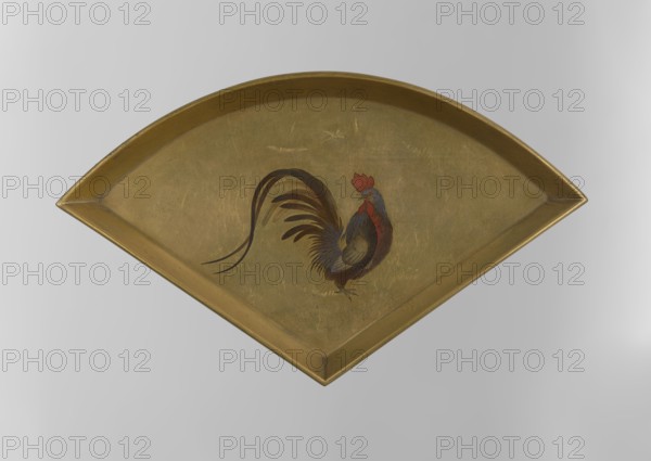 Tray, Japanese, Edo period 1603–1868, 1st half of the 19th century. Lacquer vessel tray, height 9.3 cm, width 15.7 cm. Black and red togidashi decoration with gold kinji lacquer, painted with colored lacquers; decoration features fans, birds, and roosters., A shallow fan-shaped tray with a metallic gold surface showing a painted rooster near the center; the rooster has a red crest and reddish neck feathers, blue-gray and dark blue body feathers, and long dark brown tail feathers with lighter brown highlights, and the tray rim appears gold with a slightly darker gold interior, all set against a pale gray background.