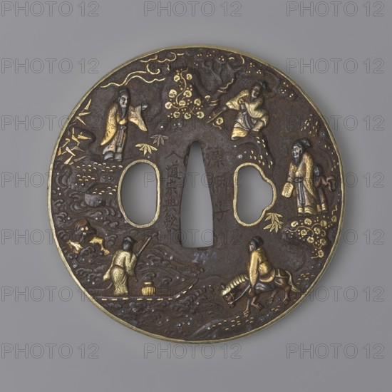 Crossguard tsuba, Sôten,  school author, Kitagawa, Sôten, / personal slogans /, Japanese art, Japanese culture, Edo 1603–1868, sword crossguards, weapons, cold weapons, swords, katana, tsubas, bamboos, pines, animals, tigers zool., cranes iconographic, horses, sages, waves, round tsuba maru gata, brass edge shinchu fukurin, similarly edged side holes ryôhitsu ana. High relief decoration depicts Taoist immortal sages, animals — a tiger, a crane symbols of courage and longevity, plants — a pine tree, a bamboo, a tendril — and clouds. 18th century Edo period 1603–1868, Japan, Ômi Eshu province, tsuba, diameter 8 cm, thickness 0.4 cm, A round metal object with a dark brown surface and gilded highlights depicting a scene with a few human figures in traditional dress, a person riding a small animal, and a person standing with a staff, set among stylized clouds, foliage, and flowing water motifs; the metal shows areas of gold and silver inlay and a thin gold rim, with three central cutouts an...