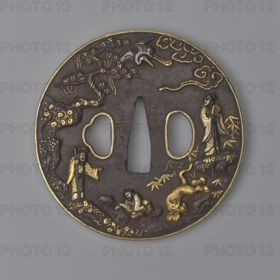 Crossguard tsuba, Sôten,  school author, Kitagawa, Sôten, / personal slogans /, Japanese art, Japanese culture, Edo 1603-1868, sword crossguards, weapons, cold weapons, swords, katana, tsubas, bamboos, pines, animals, tigers zool., cranes iconographic, horses, sages, waves, round tsuba maru gata, brass edge shinchu fukurin, similarly edged side holes ryôhitsu ana. High relief decoration depicts Taoist immortal sages, animals - a tiger, a crane symbols of courage and longevity, plants - a pine tree, a bamboo, a tendril - and clouds., 18th century Edo period 1603-1868, Japan type of place / place of origin, Ômi Eshu type of place / province, tsuba, diameter 8 cm, thickness 0.4 cm, A round dark metallic object with gold and silver inlaid details depicting a landscape scene: a few human figures wearing robes in gold and muted colors positioned around the edge, a reclining animal with gold coloring near a cluster of bamboo-like leaves, a bird with silver wings near the top, stylized cloud a...