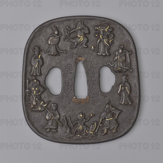 Crossguard tsuba, Kaneie,  school craftsman author; Japanese; Edo period 1603–1868, 18th century; Japan — Yamashiro province, Fushimi city. Tsuba in the shape of a rectangle with rounded corners nadegaku gata, slightly convex edge uchi kaeshi, with ryôhitsu ana of identical three-petal shape. Decorated in relief: obverse with ten figures of Buddhist and Taoist saints; reverse with a landscape featuring a pavilion and a bridge over an embankment. Details inlaid with gold, shakudô, and brass. Materials/subject: weapons — melee weapons, swords, katana, sword crossguards, pagodas, pine trees, bridges, trees, rocks. Dimensions: height 8.4 cm; width 7.6 cm; depth 0.4 cm., A dark metallic, rounded-square object with a central vertical opening flanked by two irregular side openings, decorated with a ring of small raised human and animal figures in low relief; the surface shows accents of gold on parts of the figures and some worn areas with a coppery brown tone, while the background metal is a...
