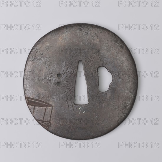 Crossguard tsuba, Yoriie,  ; engraved decoration depicting a naked woman bathing in a large tub and wiping her back with a towel; on its body, where the kôgai hitsu ana is usually located, there are two holes udenuki ana. . Images of women; sword crossguard; Japanese art; Japanese culture. Edo 1603–1868 period; weapon; melee weapon; katana; woman iconography; nudity; swords; round tsuba maru gata; katahitsu ana; rounded edge maru mimi. 18th century Edo period, Japan; tsuba; diameter 7.7 cm; thickness 0.3 cm., A round, flat metal object with a dark, weathered surface showing areas of lighter and darker gray and hints of brown; it has an elongated triangular cutout near the center and an irregular rounded cutout beside it, plus two small circular holes nearby; the surface shows scratches and shallow engraved lines forming simple linear designs, and a carved geometric shape near the lower left edge; the background is a pale, uniform light gray.