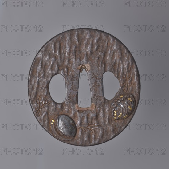Crossguard tsuba, Tsuchiya,  school author, Enjusai Kanri, / personal slogans / creator, Japanese art, Japanese culture, Edo 1603-1868, weapons, melee weapons, swords, katana, sword crossguards, shells, Oval tsuba tatemaru gata with a rectangular edge kaku mimi and a surface textured by hammering, decorated in high, inlaid relief taka-zôgan with a motif of shells and aquatic plants engraved plants. Decoration details accentuated with gold inlay., 18th century Edo period 1603-1868, Japan, Edo now Tokyo, tsuba, height 7.1 cm, width 6.9 cm, depth 0.9 cm, A round, textured metal object with a weathered, dark brown surface and areas of lighter brown and metallic gray, featuring a central elongated triangular opening flanked by two rounded openings, a few raised and carved organic shapes resembling shells and plant-like motifs with touches of gold-colored accents, and an overall rough, hammered appearance against a smooth gray background.