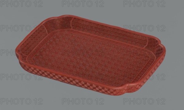 Tray, ; Chinese; Qing dynasty 1644–1911; 18th–19th century; vessel; materials and techniques not specified; decorative motifs: meander, leiwen, kikko, swastika, geometric patterns; dimensions: height 2.0 cm, width 17.6 cm, depth 12.8 cm., A rectangular shallow tray with rounded corners and raised edges sits against a plain background; the tray is a deep red color with an intricate repeating geometric embossed pattern covering its base and inner sides, and the outer rim shows a textured diamond-like motif in the same red hue, while the background is a muted gray.