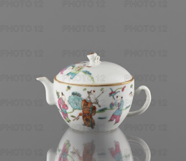 Teapot with a lid;, Chinese porcelain; Qing dynasty, Tongzhi period 1862–1874. Colored overglaze enamels and iron red decoration depicting gardens and genre scenes. Porcelain fragment; vessel. Height 10 cm, width 15.2 cm, depth 10.7 cm, weight 0.3 kg., A small white porcelain teapot with a rounded body, a short spout, and a curved handle, topped by a domed lid with a small sculpted finial; the surface is decorated with colorful painted figures and foliage in shades of pink, green, turquoise, blue, orange, and brown, with a thin band of gold around the rim of the lid, and the teapot sits on a reflective surface that mirrors its painted decoration against a plain gray background.