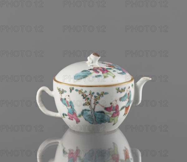 Teapot with a lid, Chinese porcelain teapot decorated with overglaze enamels and iron red, depicting gardens and genre scenes. Qing dynasty, Tongzhi period 1862–1874. Porcelain fragment; height 10 cm, width 15.2 cm, depth 10.7 cm, weight 0.3 kg. Chinese art; ceramics; colored porcelain; teapots., A small white porcelain teapot with a lid, featuring a curved handle and a short spout, sits against a gray background and casts a reflection beneath it; the teapot is decorated with painted scenes showing a group of figures near stylized trees and rocks, using colors including pink, green, teal, blue, orange, and gold, with a gold rim around the lid and a small modeled finial on top.