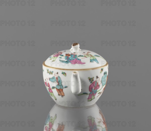 Teapot with a lid; maker, Chinese; Qing dynasty, Tongzhi period 1862–1874; porcelain with decoration painted in overglaze enamels and iron red; colored porcelain; subject: gardens and genre scenes; function: vessel teapot; height 10 cm, width 15.2 cm, depth 10.7 cm, weight 0.3 kg., A small white ceramic lidded vessel with a short spout is centered against a solid gray background, showing hand-painted scenes of people in traditional dress in colors including pink, green, turquoise, blue, orange, and brown, with small floral or leafy accents in green and red; the lid has a rounded knob with a brown top and a gold rim around the lid edge, and the vessel casts a reflection on the glossy surface beneath it.