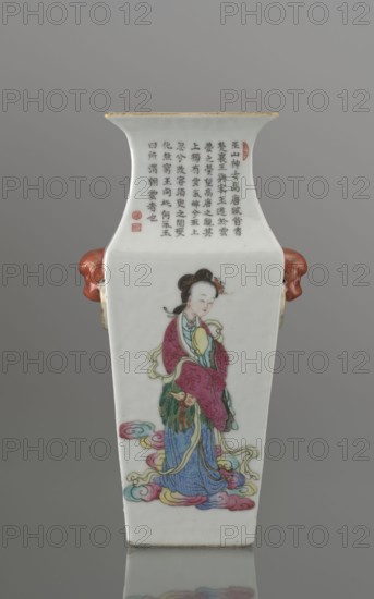 Vase with two handles, maker, ; Chinese, Qing dynasty 1644–1911; porcelain fragment with white transparent glaze; decorated with overglaze enamel paints and iron red; inscriptions; lion iconography; figural scenes including images of women; colored porcelain; 19th century, China; vessel; height 28.5 cm, width 15.2 cm, depth 11.5 cm, weight 1.75 kg, A tall, rectangular porcelain vase with a flared rim and a pale off-white background, decorated with a painted figure of a woman wearing layered robes in shades of pink, blue, green, and yellow, standing on stylized cloud motifs in pastel tones of pink, blue, yellow, and green; the woman has dark hair styled up with a small floral ornament and a pale face with subtle features, and she holds a small rounded object; a column of vertical calligraphic marks appears above her on the upper section of the vase, accompanied by a couple of small red seals, and there are decorative sculpted handles on the sides in a reddish-brown color; the rim shows ...