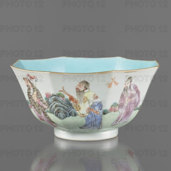 Bowl. Spherical bowl on a ring foot. Porcelain body; turquoise and transparent white glaze. Decoration painted with enamel paints and iron red depicting the Eight Immortals iconography. Colored porcelain, Qing dynasty, Jiaqing period 1796–1820, 18th/19th century China. Height 8.1 cm; diameter 17.6 cm; weight 0.4 kg., A shallow, scalloped bowl with a pale blue interior and a thin gold rim sits against a gray background; the exterior is white with hand-painted scenes showing a group of bearded figures in traditional robes in colors including yellow, blue, purple, pink, and green, standing near stylized rocks and flowering plants in shades of green, pink, and pale blue, with delicate brushwork and fine detailing on faces and garments.