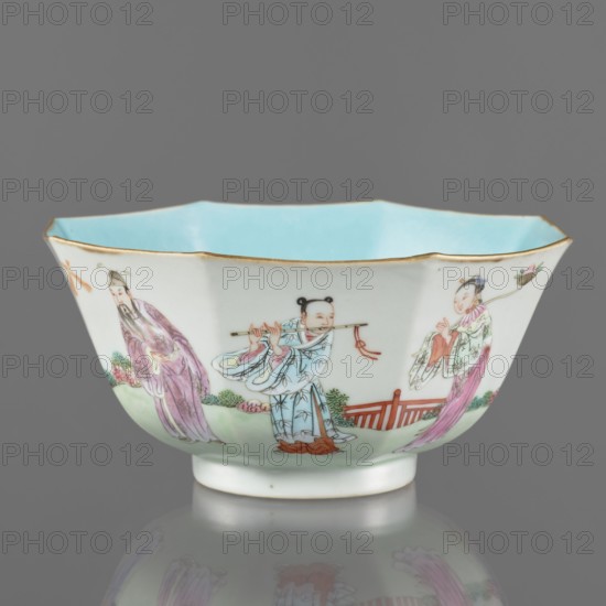 Bowl.,  from Ignacy Jan Paderewski 1860–1941. Chinese; Qing dynasty, Jiaqing period 1796–1820. Colored porcelain, spherical bowl on a ring foot. Porcelain body with turquoise and transparent white glaze; decoration painted with enamel paints and iron red. Iconography: Eight Immortals. Vessel, height 8.1 cm, diameter 17.6 cm, weight 0.4 kg; 18th/19th century., A shallow scalloped porcelain bowl with a pale blue interior and a white exterior decorated in painted scenes showing a few figures in flowing robes, a group of small plants and a low fence; the rim is highlighted with a thin band of gold, and the piece sits on a short circular foot with a reflection visible beneath it.