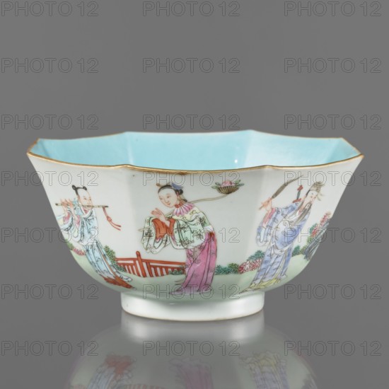 Bowl. Spherical bowl on a ring foot. Porcelain body with turquoise and transparent white glaze; decoration painted with enamel paints and iron red, depicting the Eight Immortals iconography. Chinese, Qing dynasty, Jiaqing period 1796–1820. Colored porcelain, ceramics. 18th–19th century. Height 8.1 cm; diameter 17.6 cm; weight 0.4 kg.,  noted., A shallow, scalloped porcelain bowl with a pale turquoise interior and a thin gold rim, the exterior showing a painted scene of a few robed figures in traditional dress in soft colors including white, pink, blue, green, red, and pale yellow, set against a white background with small areas of green foliage and a reddish fence, all reflected faintly on the smooth gray surface beneath.