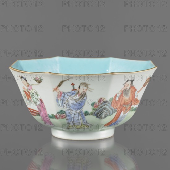 Bowl. Spherical bowl on a ring foot. Porcelain body with turquoise and transparent white glaze; decoration painted with enamel paints and iron red depicting the Eight Immortals. Colored porcelain, Qing dynasty Jiaqing, 1796–1820, 18th/19th century, China. Height 8.1 cm; diameter 17.6 cm; weight 0.4 kg.,  Paderewski, Ignacy Jan, 1860–1941 noted., A shallow, scalloped porcelain bowl with a pale blue interior and a white exterior painted with a scene of a few robed figures and garden elements; the exterior shows garments in colors including blue, pink, red, orange, green, and touches of yellow, with hair and beard details in dark tones, and floral and rock motifs in shades of green, pink, and gray; the bowl has a thin gold rim and sits on a short white foot, all set against a neutral gray background with a faint reflection visible beneath the bowl.