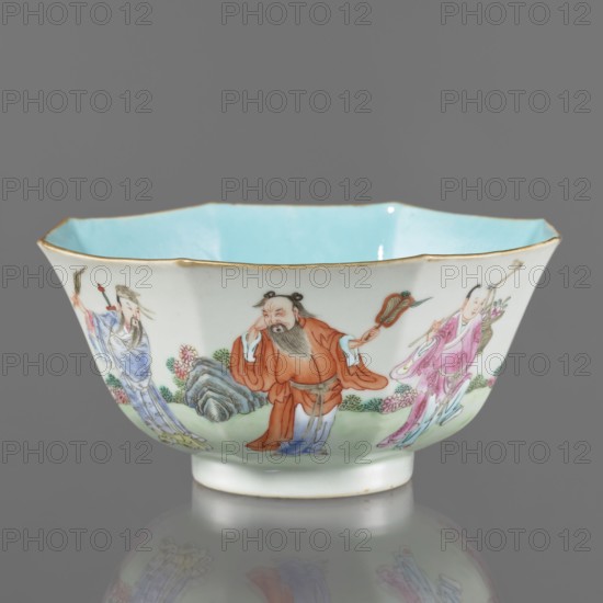 Bowl. Spherical bowl on a ring foot. Porcelain body with turquoise and transparent white glaze. Decoration painted with enamel paints and iron red depicting the Eight Immortals iconography. Colored porcelain; Qing dynasty, Jiaqing period 1796–1820, 18th/19th century China. Height 8.1 cm; diameter 17.6 cm; weight 0.4 kg., ., A shallow porcelain bowl with a scalloped rim and a pale blue interior, the exterior glazed white and painted with a group of figures wearing robes in colors including orange, pink, blue, and purple, set against painted greenery and rocks in shades of green and gray, with small floral motifs in pink and green and a narrow gold trim along the rim.