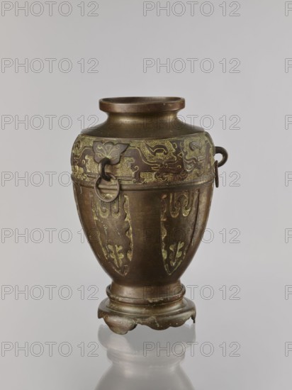 Vase on base; creator, purchase provenance; Chinese; Qing 1644–1911; ceremonial vessel decorated with dragons and taotie motifs; early 20th century, China; vessel; height 29.5 cm, diameter 18.7 cm, A bronze vessel with a rounded body and flared neck sits on a small scalloped base, showing a dark brown patina with areas of greenish verdigris and lighter bronze highlights; the upper band of the body is decorated with raised, intricate motifs and a few attached ring handles, and the lower body features panel-like decorative elements with stylized designs; the surface shows minor wear and surface irregularities, and the piece is set against a pale gray background with a soft reflection beneath it.