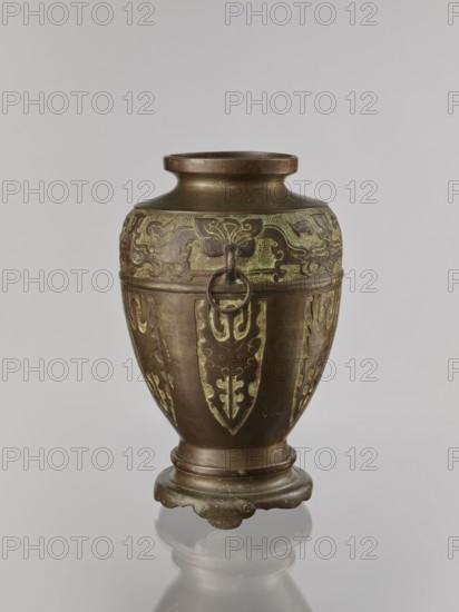 Vase on base, Chinese, Qing 1644–1911, early 20th century; ceremonial vessel decorated with dragons and taotie motifs; material: vessel; height 29.5 cm, diameter 18.7 cm., An ornate metal vase with a rounded body, a narrow neck and flared rim sits on a scalloped pedestal base; the vase is primarily brown with areas of greenish patina, featuring raised decorative panels and stylized motifs around the upper and mid sections, and a metal ring attached to a loop near the shoulder; the surface shows varied tones of brown and green, with subtle highlights and shadowing against a light gray background, and a soft reflection visible beneath the base.