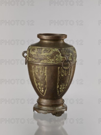 Vase on base, Chinese art, Chinese culture, Qing 1644–1911, ceremonial vessel, dragons iconography, taotie iconography, early 20th century, China, vessel, height 29.5 cm, diameter 18.7 cm, A single metal vessel with a rounded body and flared rim stands on a short pedestal base, displaying a patina of brown and greenish tones; the upper shoulder and lower panels of the body feature ornate raised decorative patterns in a greenish hue against the brown metal, and a pair of small loop handles with hanging rings are attached at the sides; the base has a scalloped edge and the vessel casts a soft reflection on a pale neutral background.