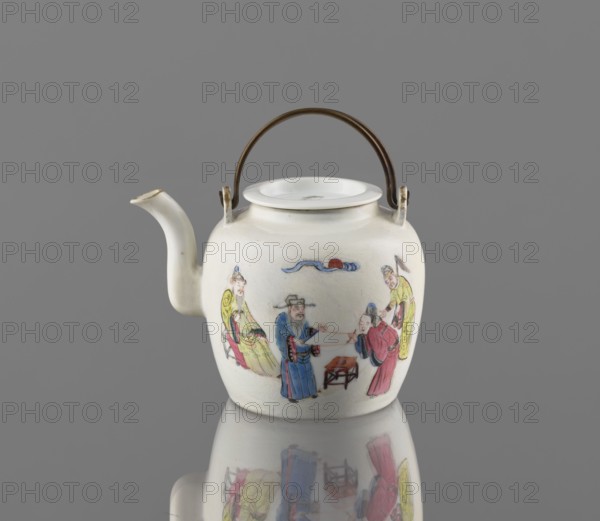 Teapot with a lid;, Porcelain teapot with tubular spout and flat, concave lid; white transparent glaze; decoration painted with on-glaze enamel paints depicting images of women, servants, and figurative scenes. Colored porcelain, Qing dynasty 1644–1911, 19th century, China. Height 8.8 cm; width 12.0 cm; depth 9.2 cm., A white ceramic teapot with a curved spout and a rounded body, a metal arched handle attached at the top, and a shallow lid; painted figurative scenes wrap around the body showing a group of people wearing long robes in colors including blue, red, yellow, and green, with small painted details in brown and black; a stylized cloud or wave motif in blue and red appears above the figures; the teapot sits on a reflective gray surface that mirrors its lower portion, and the background is a uniform gray.