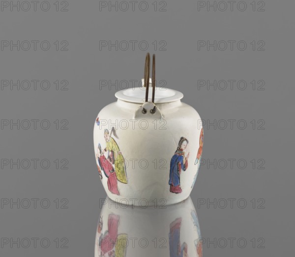 Teapot with a lid, Paderewski, Ignacy Jan 1860-1941 mentioned; Chinese art; Chinese culture; Qing 1644–1911; colored porcelain teapot with images of women, servants, figurative scenes; teapot with a tubular spout, flat concave lid; porcelain body with white transparent glaze; decoration painted with onglaze enamel paints; 19th century, China; vessel; height 8.8 cm, width 12.0 cm, depth 9.2 cm, A white ceramic jar with a rounded body and a narrow rimed mouth sits on a reflective surface against a gray background; the jar has a pair of thin brown metal handles arcing over the top and small ceramic loops where the handles attach, and its exterior is painted with a group of human figures wearing colorful garments in shades of red, blue, yellow, green, and orange, with visible details like hair and facial features, and the reflection of the jar and its painted figures appears on the surface below.