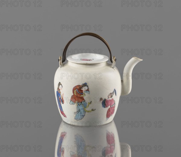Teapot with a lid;, Porcelain teapot with tubular spout and flat, concave lid; white, transparent glaze; decoration painted with onglaze enamel paints depicting images of women, servants, and figurative scenes. Colored porcelain, Qing dynasty 1644–1911, 19th century, China. Vessel; height 8.8 cm, width 12.0 cm, depth 9.2 cm., A rounded white ceramic teapot with a curved spout and a dark brown arched handle sits against a gray background, showing decorative painted figures in red, blue, yellow, and pink on its body; the teapot has a white lid with a painted motif and shows a reflection of the teapot and its colorful figures on the glossy surface beneath.
