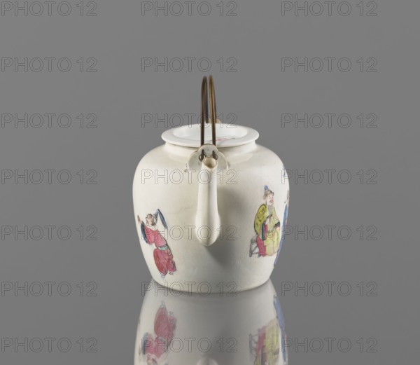 Teapot with a lid; creator, Chinese; Qing dynasty 1644–1911; colored porcelain teapot with tubular spout and flat, concave lid; porcelain body with white transparent glaze; decoration painted with onglaze enamel paints depicting images of women, servants, and figurative scenes; 19th century, China; height 8.8 cm, width 12.0 cm, depth 9.2 cm., A white ceramic teapot with a rounded body and a narrow spout sits centered on a reflective surface against a gray background, showing a metal double-loop handle attached at the top and colorful painted figures on its sides in tones of red, blue, yellow, green, and pink, with the reflection of the pot and its painted details visible below.