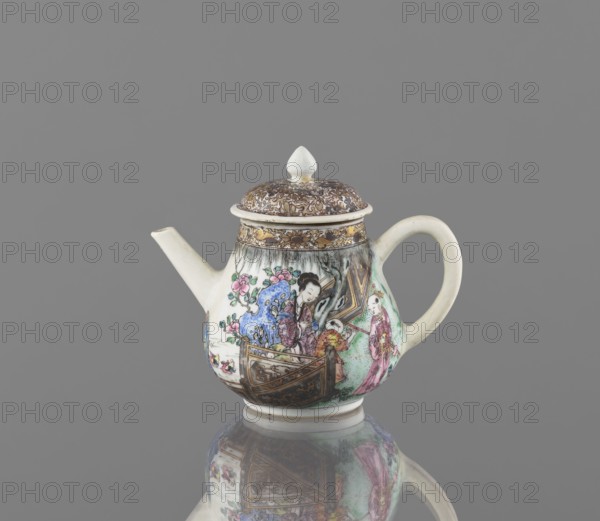 Teapot. Teapot with a straight spout and cylindrical handle. Porcelain body with white, transparent glaze. Decoration painted with onglaze enamel paints depicting figural scenes, female images, and gardens. Colored porcelain, Qing dynasty 1644–1911, 19th century, China. Height 12.5 cm; width 14.9 cm; depth 9.5 cm., A small ceramic teapot with a rounded body, short spout, and curved handle sits on a reflective surface, showing a mirror image beneath it; the teapot is predominantly white with painted scenes in colors including pink, blue, green, brown, gold, black, and pale yellow, and it has a domed lid topped with a white finial and a band of intricate brown and gold decoration around the lid and neck; the painted imagery on the body depicts stylized figures and floral motifs with areas of blue background and green shading, along with brown decorative borders and golden accents, all set against a plain grey background.