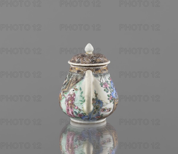 Teapot. Porcelain body with white, transparent glaze; decoration painted with onglaze enamel paints. Teapot with a straight spout and cylindrical handle; figural scenes of female images in gardens. Colored porcelain, Qing dynasty 1644–1911, 19th century, China. Height 12.5 cm; width 14.9 cm; depth 9.5 cm., A lidded ceramic jug with a rounded body and a knobbed lid sits against a plain gray background with its reflection visible on a glossy surface; the jug features painted scenes including a figure wearing a pink garment, floral motifs, and decorative patterns in colors such as white, pink, blue, green, gold, brown, and black, with a pale handle and a band of intricate brown and gold decoration around the lid.