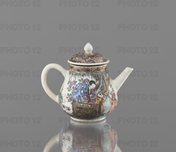 Teapot. Porcelain with white transparent glaze, decorated with onglaze enamel paints. Straight spout and cylindrical handle; figural scenes of female images and gardens. Qing dynasty 1644–1911, 19th century, China. Height 12.5 cm; width 14.9 cm; depth 9.5 cm., Classification: teapot; colored porcelain; Chinese art., A small porcelain teapot with a rounded body, a curved handle, and a straight spout sits against a gray background, showing painted decorative scenes on its white surface; the lid is domed with a white finial and a brown patterned band, and the body features floral motifs and figurative scene elements in colors including white, brown, blue, pink, green, purple, yellow, and black, with a faint reflection visible beneath the teapot.