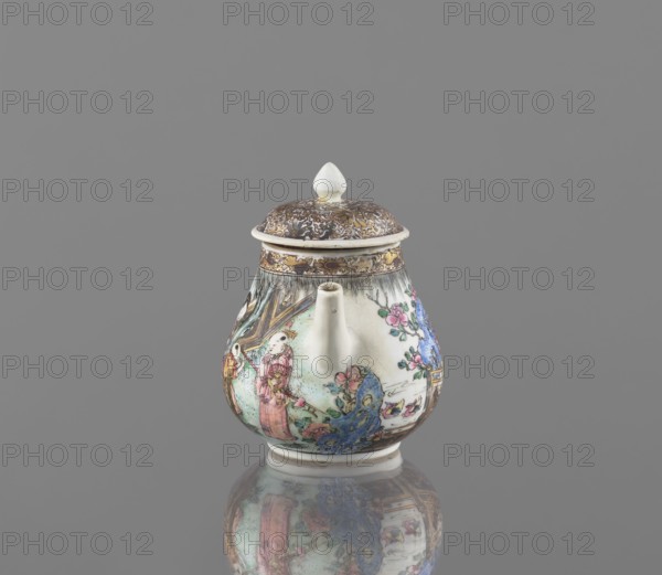 Teapot. Porcelain with white transparent glaze; decoration painted with onglaze enamel paints. Teapot with a straight spout and cylindrical handle; figural scenes of female images in gardens. Colored porcelain; Chinese, Qing dynasty 1644–1911, 19th century. Height 12.5 cm; width 14.9 cm; depth 9.5 cm., A small lidded ceramic teapot sits centered against a smooth gray background, showing a rounded body with a short spout and a pointed lid knob; the surface displays painted scenes and decorative motifs in colors including white, pink, blue, green, gold, brown, and black, with floral elements and figures visible on the body, a band of intricate brown and gold ornamentation around the lid rim, and a subtle reflection of the teapot on the glossy surface beneath it.