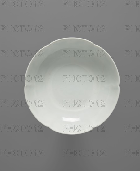 Plate; porcelain shard. Decoration painted with underglaze cobalt and overglaze enamel paints; colored porcelain bowl plate with dragon iconography; Yongzheng period, Qing dynasty, 1723–1735 Qing 1644–1911; Chinese. Function: vessel/plate. Height 3.5 cm; diameter 15.3 cm., A single shallow round dish with a scalloped rim photographed from above, showing a smooth glossy surface in pale white with subtle variations and faint specks, set against a mid gray background.