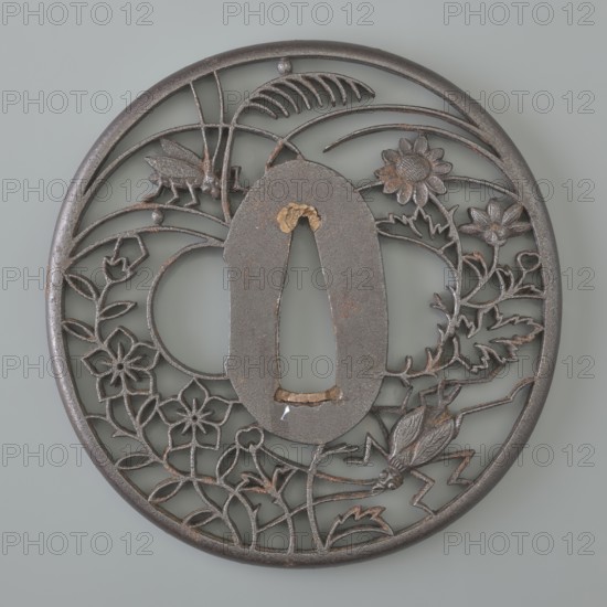 Crossguard tsuba, Akasaka role classification of creator, school author. Japanese, Edo period 18th/19th century. Tsuba round maru gata with a rounded edge maru mimi; seppa dai oval; sekigane copper. Decorated with an openwork ji sukashi design, partly positive and partly negative, depicting two crickets among chrysanthemums, flowers, and grasses. Not signed. Diameter 7.2 cm; thickness 0.5 cm. Weapons — melee weapons — swords — katana — sword crossguards., A round metal object with an openwork floral and insect design, shown against a pale gray background; the metal appears dark gray with areas of brownish rust and traces of lighter metallic wear, and there are a few small patches of gold-colored residue near the central opening.