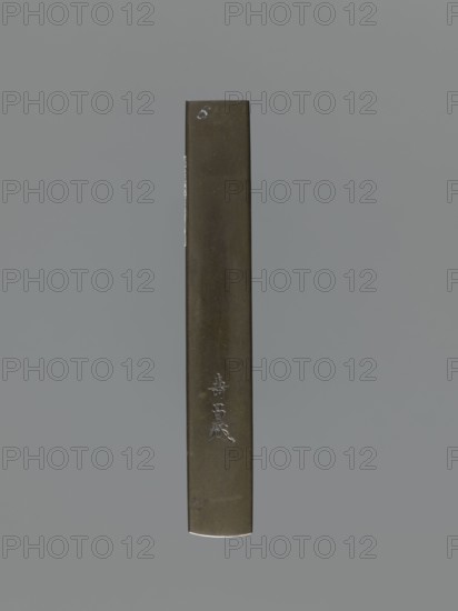 Knife handle kozuka by Suiyôdô, Toshimasa; gift; Japanese; Edo period 1603–1868, 19th century; kozuka for katana; materials/technique related to bladed weapons; subject: flowers and roosters; height 9.6 cm, width 1.4 cm., A vertical rectangular object with a muted olive-brown surface centered against a flat gray background, showing a few small scuffs and subtle surface texture; the top edge is flat and the bottom edge is slightly curved, and there is a faint lighter mark along one side.
