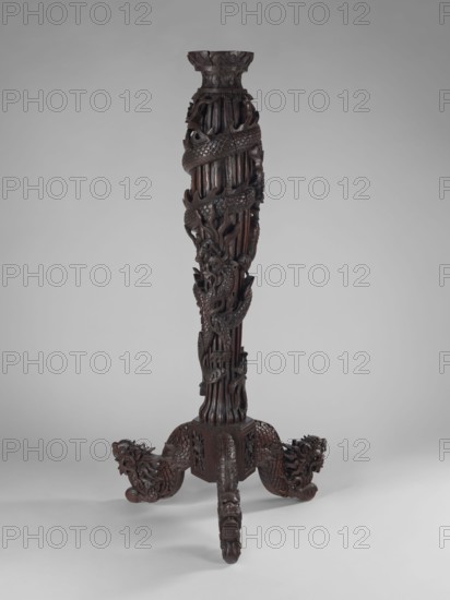 Pedestal, Chinese, Qing 1644–1911, 17th–19th century, China; sculpture, height 128 cm. Chinese art; dragons iconography, beasts fantastical, fantastic animals; dragon winding upwards around the shaft., A tall carved wooden stand with a dark brown finish, featuring a central column wrapped by a carved serpentine or dragon-like form and intricate scrolling vegetal motifs, rising to a flared top with carved petal shapes; the base spreads into three carved supports that end in stylized animal or dragon heads, all showing textured scale and carved detailing, set against a plain light gray background with subtle shadowing.