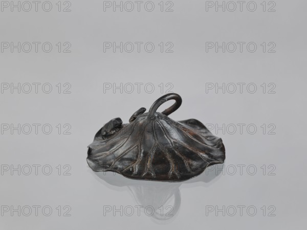 Lotus Leaf with Two Frogs, Ryûbundô,  craftsman author, Japanese culture, Japanese art, frogs, Japanese, 2nd half of the 19th century, Japan, sculpture, paperweight, lotus leaf form, height 6.7 cm, width 18.2 cm, A dark metallic object shaped like a broad, flattened leaf with undulating edges sits on a reflective pale gray surface; the object has visible raised vein-like ridges and a central looped handle rising from its middle, with a few small rounded protrusions near the handle. The surface shows highlights of brownish bronze and black tones, and the reflection of the object appears beneath it on the pale gray background.
