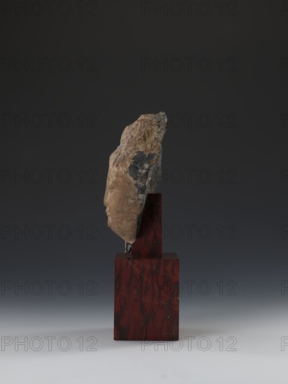 Head of Guanyin Bodhisattva, sculptor unknown. Polychrome-coated feldspar fragment of a statue with a cube-shaped base of dark red marble. Chinese; Qing dynasty 1644–1911, 19th century. Iconography: Guanyin. Sculpture; height 26.0 cm., A fragmentary stone sculpture of a human profile mounted on a polished rectangular red and dark marbled base, the stone showing rough, weathered surfaces with brown, tan, gray, and black tones while the carved facial area is smoother and beige, set against a gradient dark gray to light gray background.