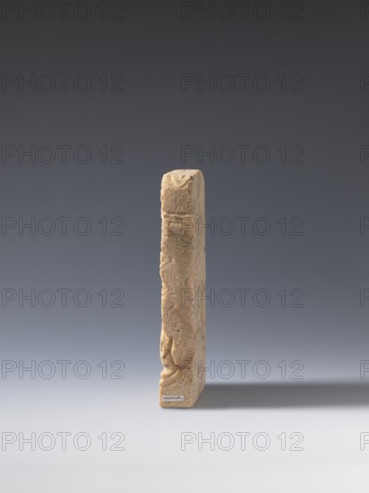 Seal stamp, subjects: bats, lion, arhat; bas-relief decoration; Chinese; Qing dynasty 1644–1911, 19th century ; seal stamp; material not specified; dimensions: height 20.0 cm, width 9.3 cm, depth 2.9 cm., A tall, narrow rectangular object stands upright on a smooth surface, showing a textured, irregular surface with carved or eroded patterns and rounded indentations; the object is mostly beige with variations of light brown and sandy tones, and it casts a soft gray shadow to the right on a background that transitions from dark gray at the top to lighter gray near the bottom.