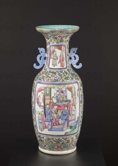 Cantonese vase, Canton China, Chinese art; 19th century. Ovoid body with thin neck and two side handles. Rib with an upwardly curled edge and plastically separated foot. Thick grayish porcelain body with white glaze greyish tint. Decoration painted in overglaze enamel paints two shades of green, blue, yellow, red, pink, black, overglaze iron red and gilding. Body and neck each with two reserves containing figural court scenes; backgrounds with flowers, birds, butterflies and fruit; overall floral and figurative decorative scheme. Height 63 cm; diameter 28 cm., A tall ceramic vase with a flared rim and a narrow neck widening into a rounded body stands against a dark background; the vase is decorated with painted scenes framed by floral patterns and has a pair of ornate handles on the neck. The overall palette includes turquoise, pink, green, blue, red, and white, with accents of yellow and black; the rim interior is turquoise and the neck and body are covered in dense floral motifs in p...