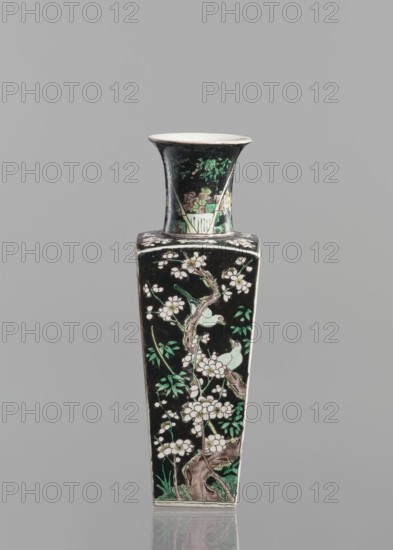 Vase, attributed to, Chinese, Qing dynasty 1644–1911, 18th century; colored porcelain famille noire with floral decorations, plum trees and birds; vessel, height 22.5 cm., A tall, narrow vase with a flared rim sits against a plain gray background; the vase has a predominantly black surface decorated with floral and bird motifs in white, green, pale blue, and muted brown tones, showing branches with blossoms and leaves and small birds perched among them, while the rim interior appears pale and the base shows reflections on the surface below.