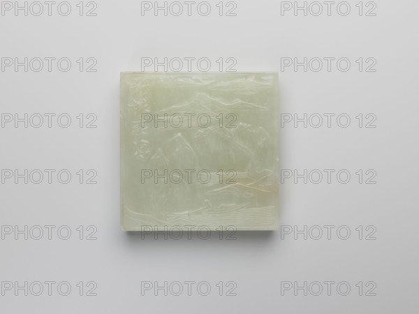 Plaque, Chinese, Qing 1644–1911, landscape motifs with fishermen, engraving of a rock, pale green jadeite, 19th century, plaque; buttonholes on the reverse; height 5.1 cm, width 5.1 cm, thickness 0.8 cm., A square, pale greenish-white carved stone panel with a glossy surface rests against a light gray background, showing a carved landscape scene with mountains, ridges, and a few flowing lines suggesting water; the carving includes subtle variations in the pale green and creamy tones, with slightly darker greenish areas and faint warm beige spots, and the panel casts a soft shadow on the background.
